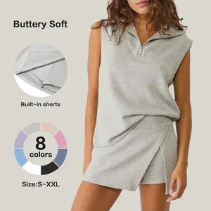 HarSum Womens 2 Piece Skirt Sets Summer Sleeveless Half Zip Sweatshirt Athletic Skorts Tennis Outfits Casual Sweatsuits
