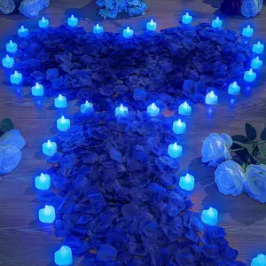 4000 count Artificial Rose Petals with 24 count LED  Lights Candles Flameless LED Candles  Rose Petals for Wedding Night Proposal(Blue Light, Blue Petals)