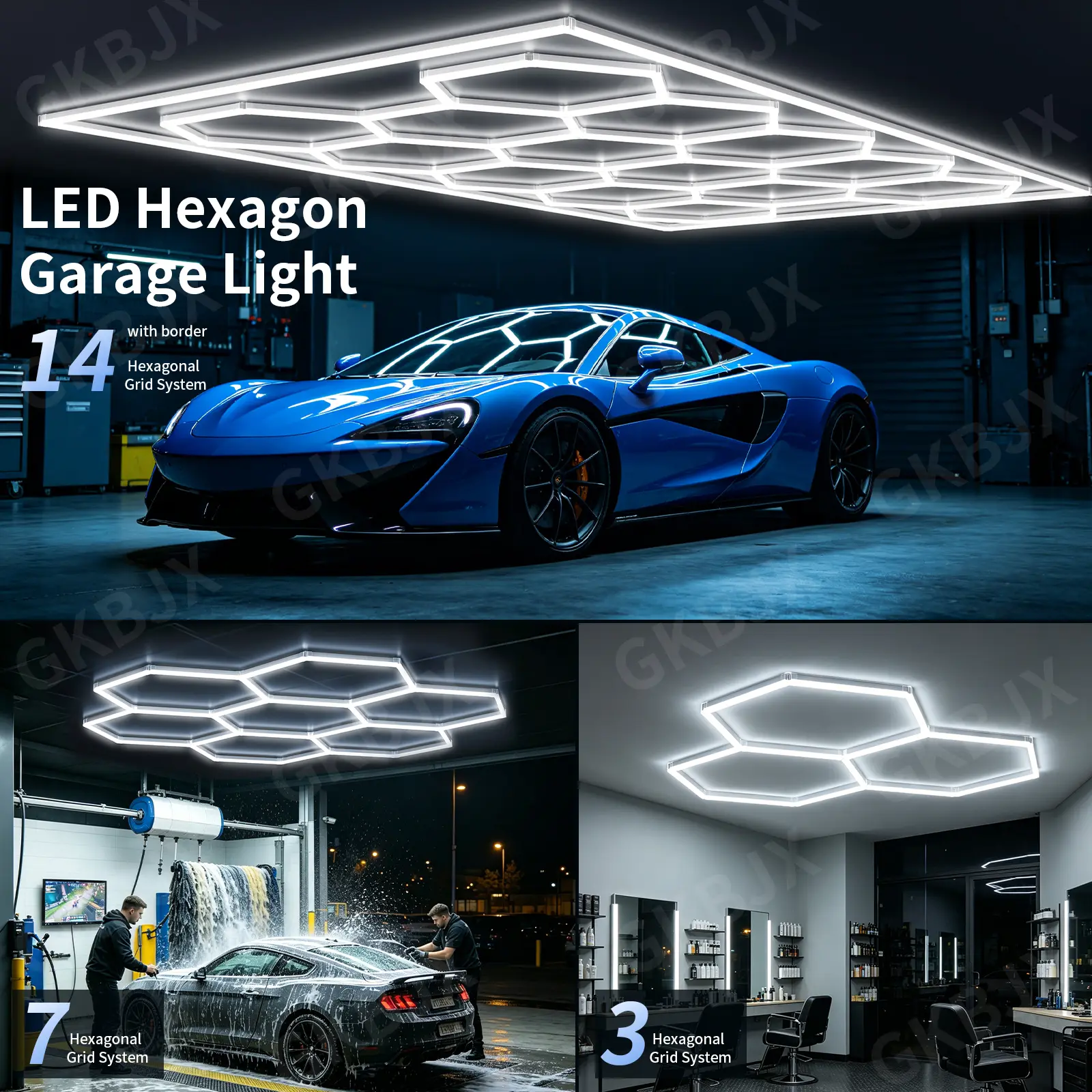 Hexagon LED Garage Ceiling Light, Honeycomb Hex Detailing Light for Car Shop Workshop, Modern Geometric LED Grid Ceiling Lamp for Auto Repair Showroom
