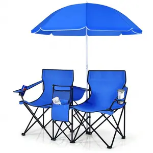 IKLAREWV Double Folding Picnic Chairs Umbrella Mini Table Beverage Holder Carrying Bag For Beach Patio Pool Park Outdoor Portable Camping Chair