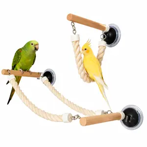 Wood Bird Swing for Small-Medium Birds – Finely Ground Habitat Pole, Suction Cups for Window Glass/Tiles, Habitat Frame, White Rope for Varied Perching Experiences, Stand Perch