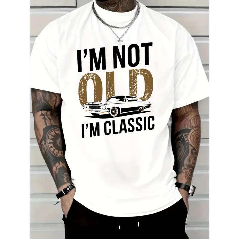 Men's "I'm Not Old, I Am Classic" Pattern T-shirt- Soft Cotton, Casual Crew Neck, Short Sleeve, Vintage Car Print-Durable and Breathable, Suitable for Casual Wear