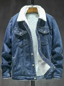 Men's Winter Fleece Lined Plain Denim Jacket, Long Sleeve Casual Loose Fit, Warm Thickened Short Jean Coat, Trendy Relaxed Style, Tops