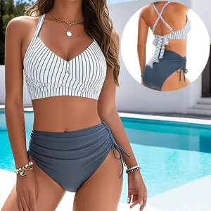 Womens High Waisted Bikini Sets Drawstring Tummy Control Swimsuits Crisscross Tie Back Bathing Suit Women's Neck Push-Up Bikini club Contrast Trim Bikini Set Strapless Scalloped Bikini Set casual Ruffle Twist Bikini