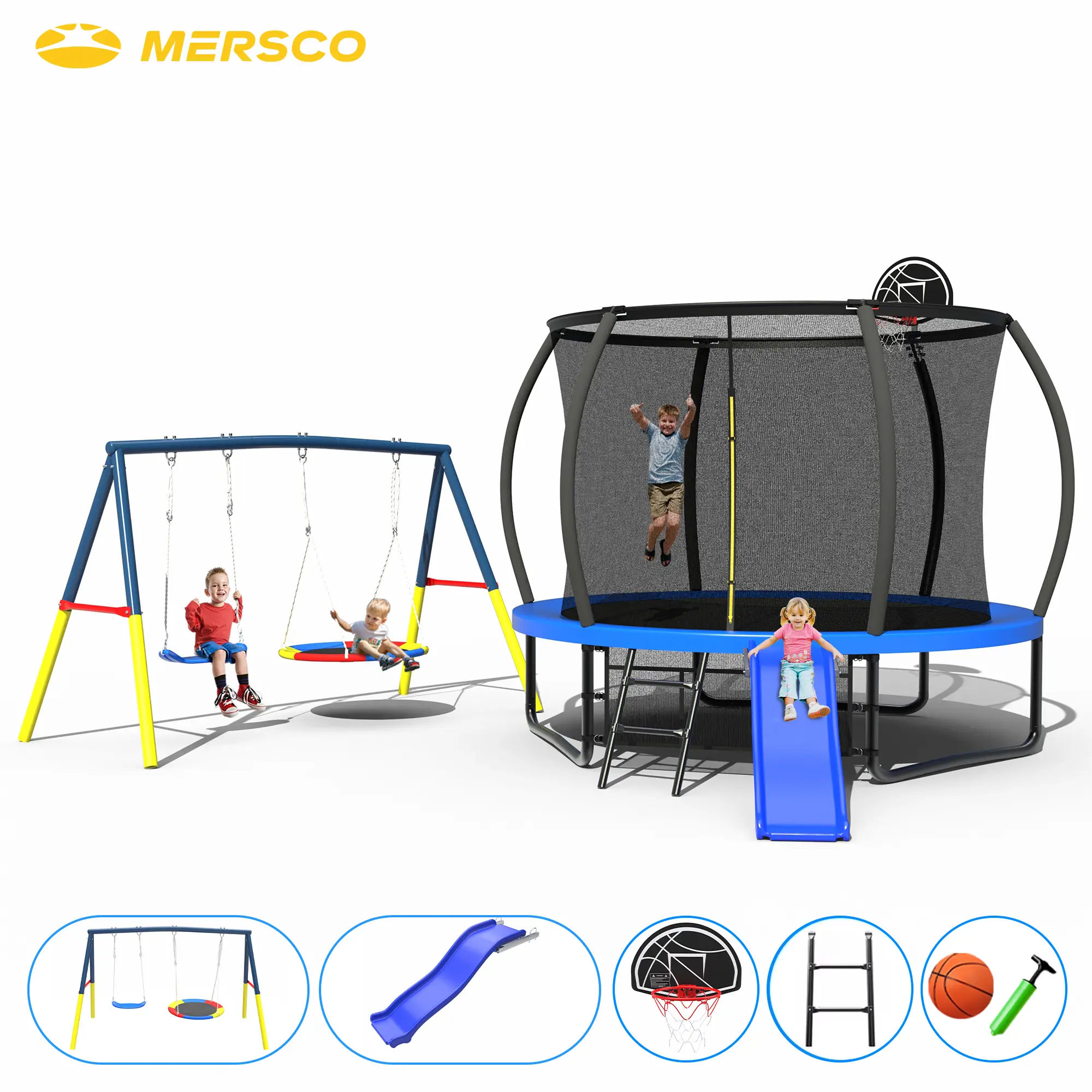 Mersco 12ft Recreational Trampoline for Kids - Sports Bouncing Backyard Playground with Rust-Proof Galvanized Steel Frame, Safety Enclosure, Swing Set, Slide, Basketball Hoop, Fade Resistance, Rust‑Proof Steel