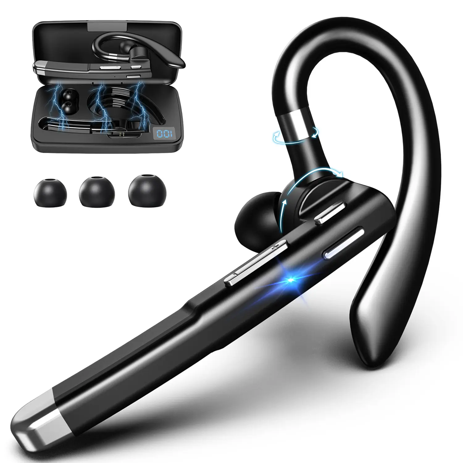 Bluetooth V5.3 Audio Earpiece with Battery Display Chargeable Charging Case, Noise Canceling, Built-in Microphone, Automatic Button Control, Instant Connect Hand-Free Headphones for Trucker, Business
