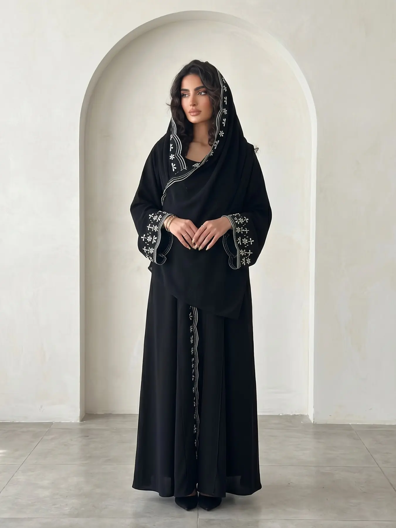New Muslim Women's Abaya Khimar Set, Loose Fit, Eyelet Embroidery, 2-Piece with Headscarf, Long Sleeve, Elegant Casual Wear, Abaya With Hijab