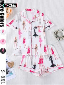 【The Eras Tour Film Pajama】Women's Sleepwear Set, Short Sleeve Button Front Soft Top & Elastic Shorts, Casual Home Wear, Comfortable Daily, Everyday