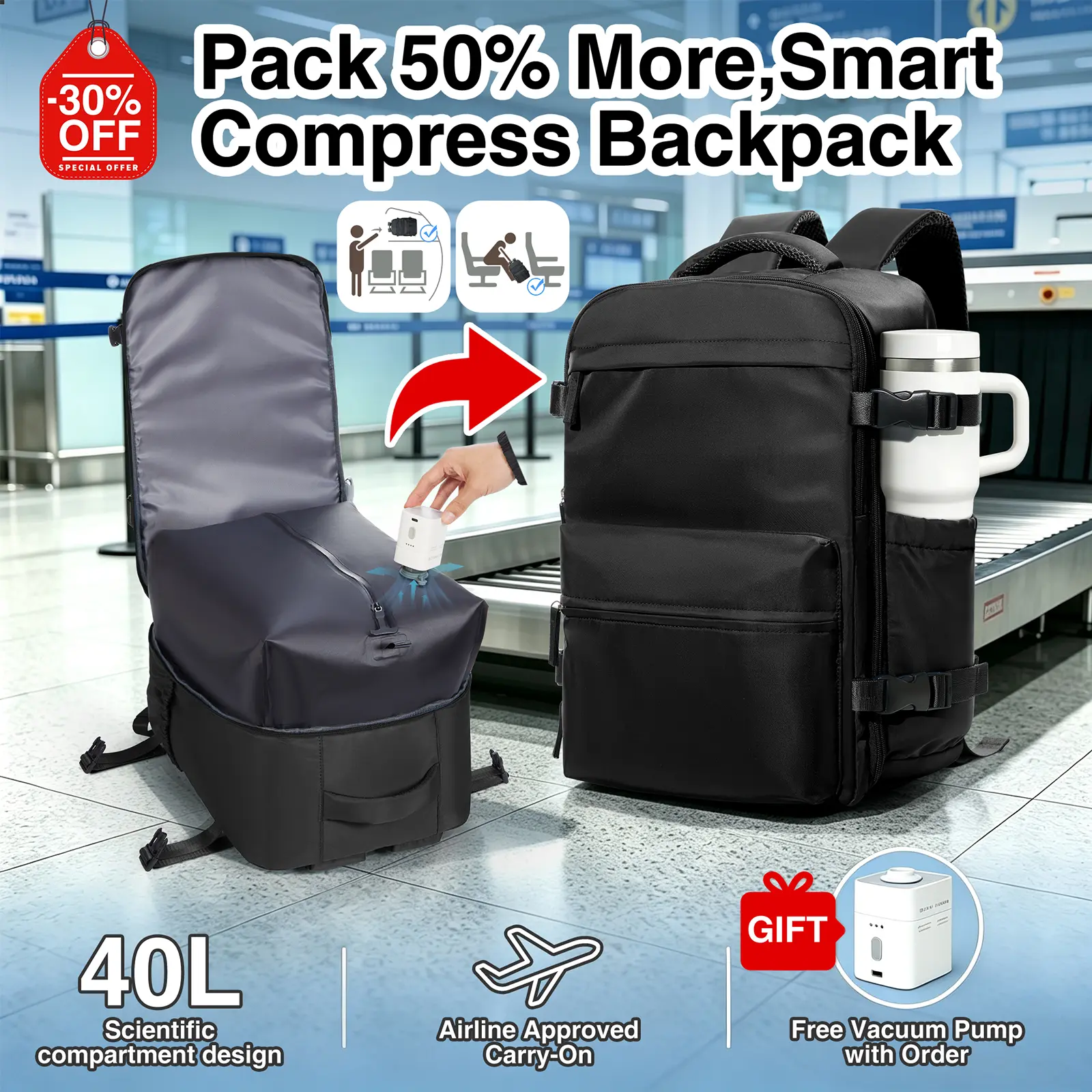 COOWOZ Vacuum Travel Backpack with Pump, Vacuum Seal Compression Backpack, Large Travel Bag For Women Men, Durable Outdoor Hiking Sports Rucksack, Airline Approved Carry On Backpack, Travel Essentials
