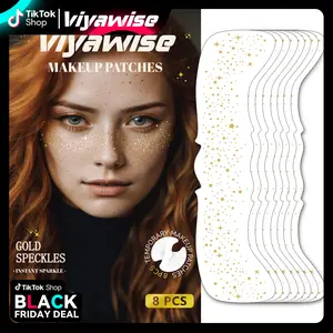 Viyawise 8 Pcs Gold Glitter Freckles Face Tattoo Waterproof Sparkle Makeup Patches for Women Easy Application Long Lasting Effect Flexible Application