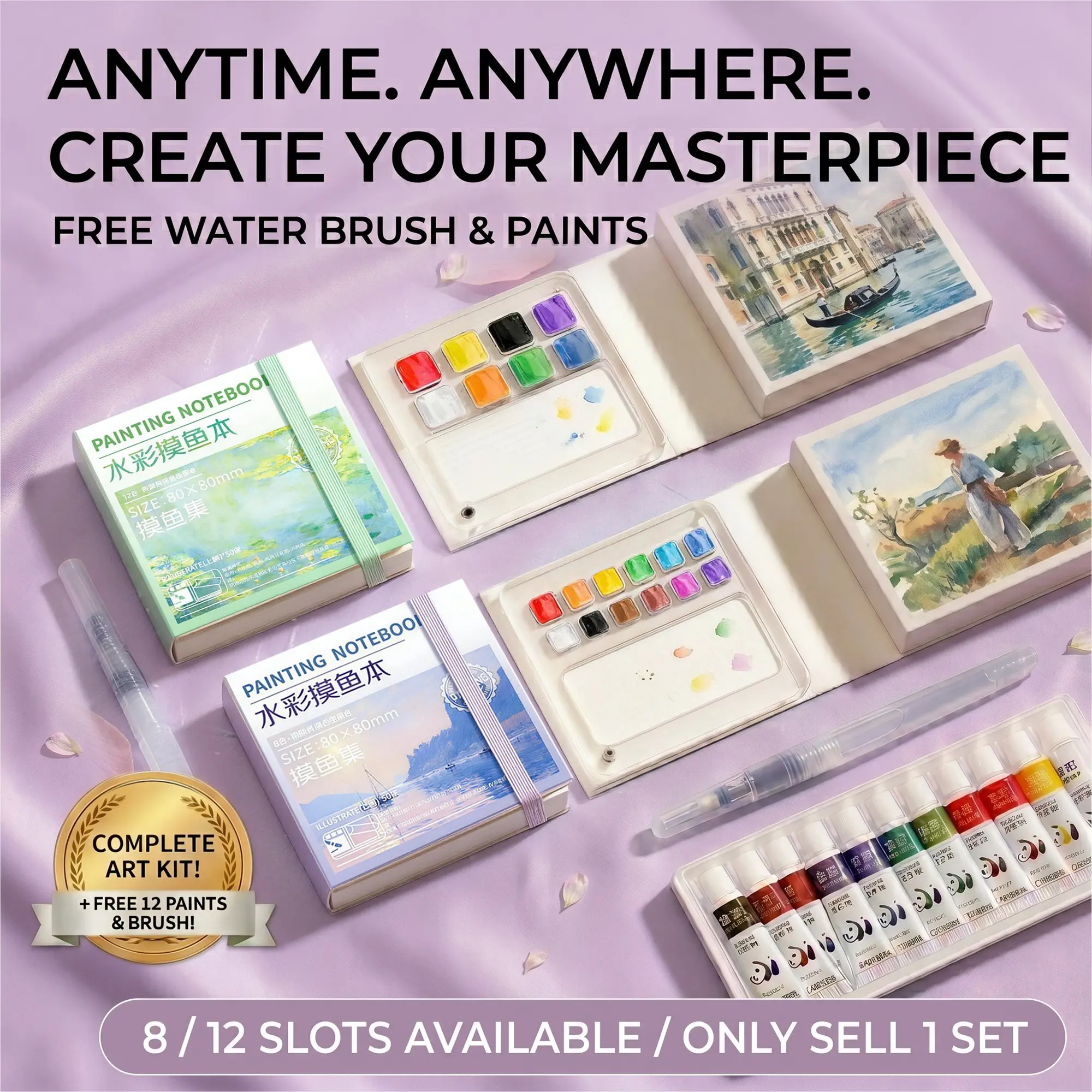 Pocket Portable Watercolor Painting Set with Palette, Free Brushes & 12 Colors Pigments - Easy-Clean Travel Sketch Kit, DIY Painting Supplies for Artists & Beginners, Paint Anywhere!