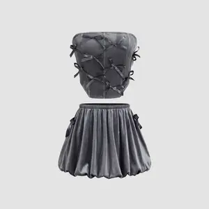 Cider [size 2-10] Velvet Bowknot Crop Tube Top & Low Rise Bubble Hem Mini Skirt Set