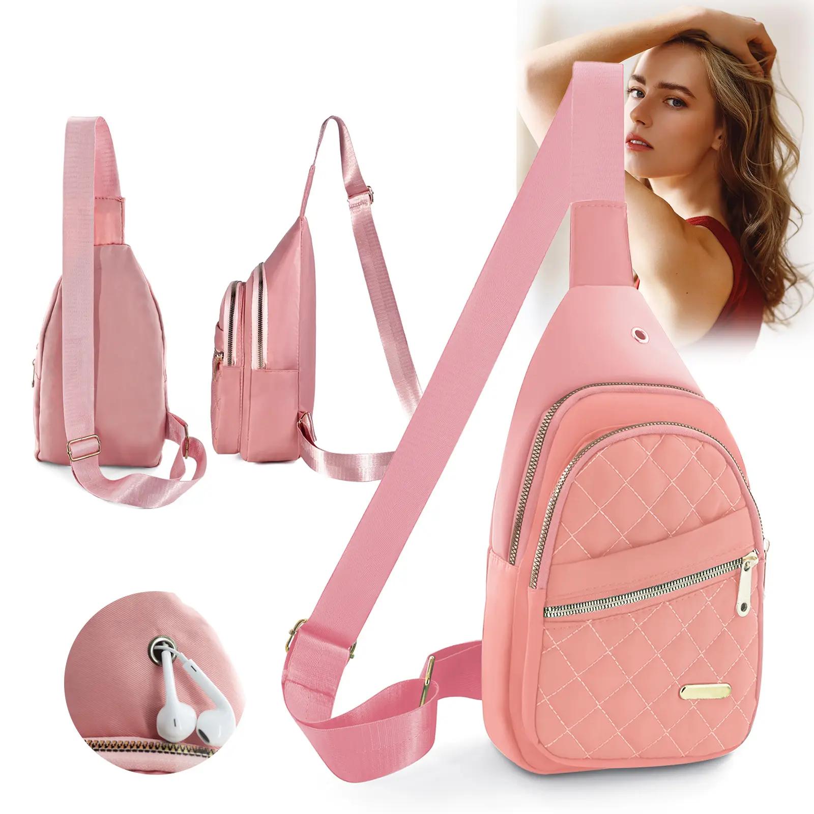Solid Color Quilted Fanny Pack - Casual Zipper Chest Belt Diagonal Zipper Sling Bag, Adjustable Sling Bag for Daily Use, Lightweight & Waterproof,Fashionable Large Capacity Sling Bag