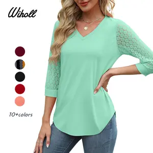 WIHOLL 3/4 Length Sleeve Womens Tops V-Neck Lace Tunic Tops Business Casual Blouses 2025