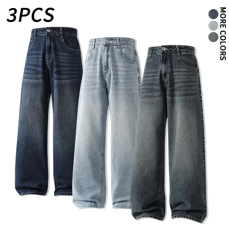 3pcs men’s vintage wash wide leg jeans casual loose baggy denim pants streetwear trousers