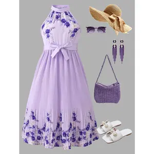 Girls' Elegant Light Purple Strapless Dress with Floral Print |   Sleeveless Pleated Hem, Non-Stretch Fabric, Includes Belt, Perfect for Spring/Summer