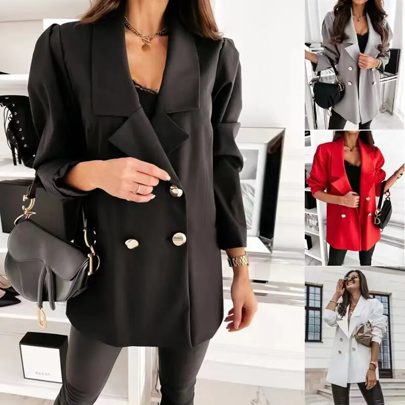 Women's Chic Double-Breasted Collared Neck Blazer - Loose-Fitting Long-Sleeve Polyester Suit Jacket with Buttons, Comfortable, Asian Sizing, Minimalist