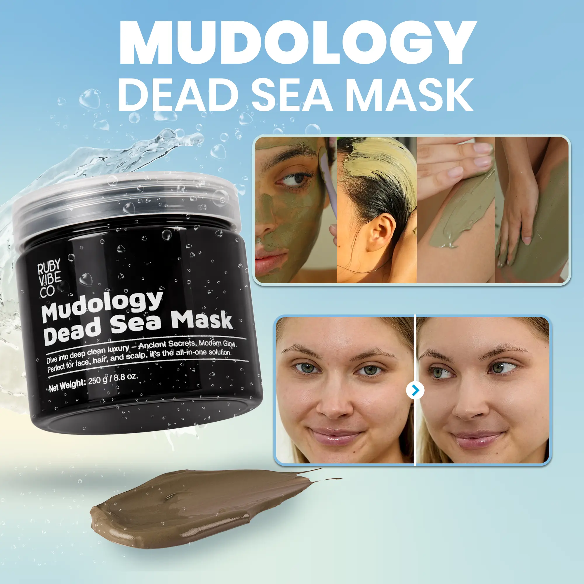 RUBY VIBE CO Mudology Dead Sea Mud Mask - Deep Cleansing Clay Face Mask from Jordan for Face, Hair & Scalp, Mineral-Rich Spa Treatment with Kaolin Clay & Lavender, Hydrating & Purifying Self Care Mask, 8.8 oz (250g)