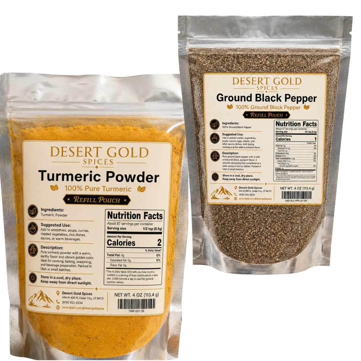 Desert Gold Spices Turmeric Powder & Ground Black Pepper 2-Pack - 2 x 4 oz Resealable Refill Pouches, Pure Cooking Seasonings for Everyday Use