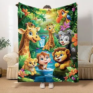 Cartoon Jungle Animal Flannel Blanket, Ultra-Soft Plush Throw with Cute Safari Animal Print, Cozy Warm Fleece Blanket for Kids' Bed Couch, Perfect Gift for Animal Lovers & Toddlers, All-Season Comfort