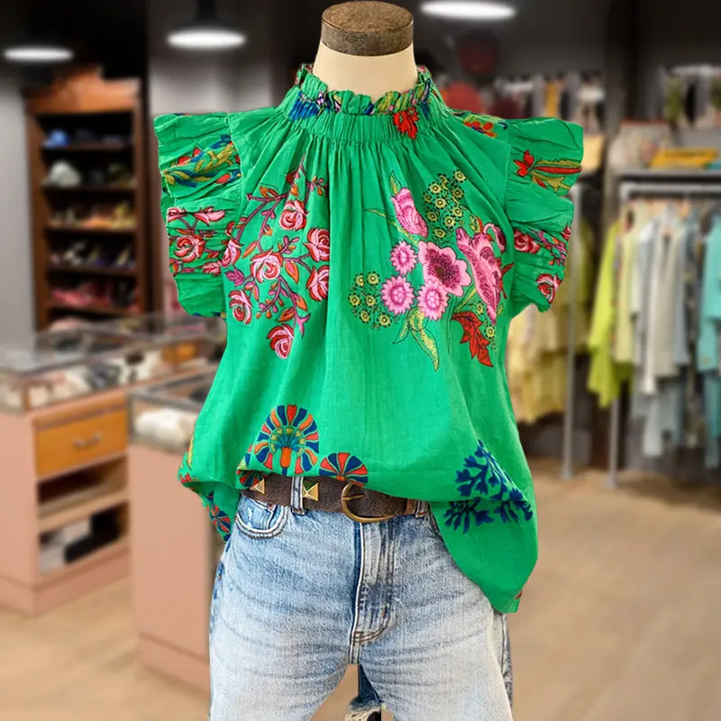 Cherrybetty Casual All Over Floral Print Ruffle Sleeve Tops Bohemian Green Casual Colorful women's summer outfits going tops going outfits cute summer outfit Turtleneck Blouses Light Boho flower Shirts blouses for Teachers and Mom