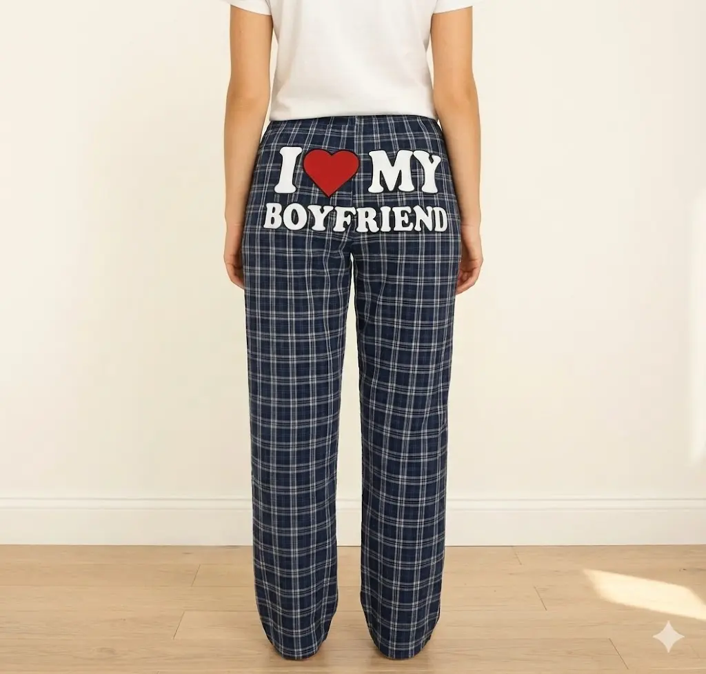 Matching Couple Pajama Pants I Love My Boyfriend Blue Plaid Lounge Sleepwear Bottoms Cozy Loungewear Nightwear Matching Set Gift for Couples Anniversary Valentine’s Day Holiday