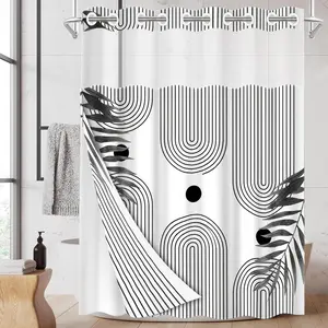 1PC 2D Flat black and white geometric pattern double-layer woven Decorative Shower Curtain Set (without hooks), transparent top window, detachable buckle type lining, home bathroom partition art decoration, holiday decoration