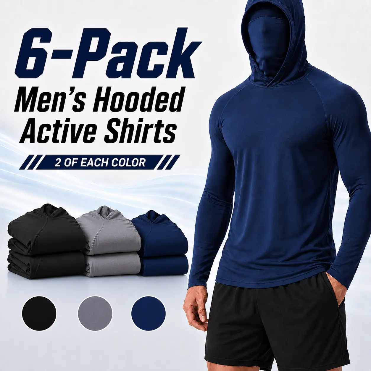 6/3-Pack Men’s Quick-Dry Breathable Sun Hoodies with Built-In Balaclava Face Cover, High-Stretch Compression Long-Sleeve Athletic Performance Shirts tops for Fishing, Hiking, Running, Cycling & Outdoor Work