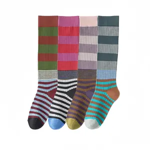 Retro Style Colorful Striped Knee High Socks for Women Soft Cotton Stockings for Sports and Daily Wear Casual Womenswear Stretchy