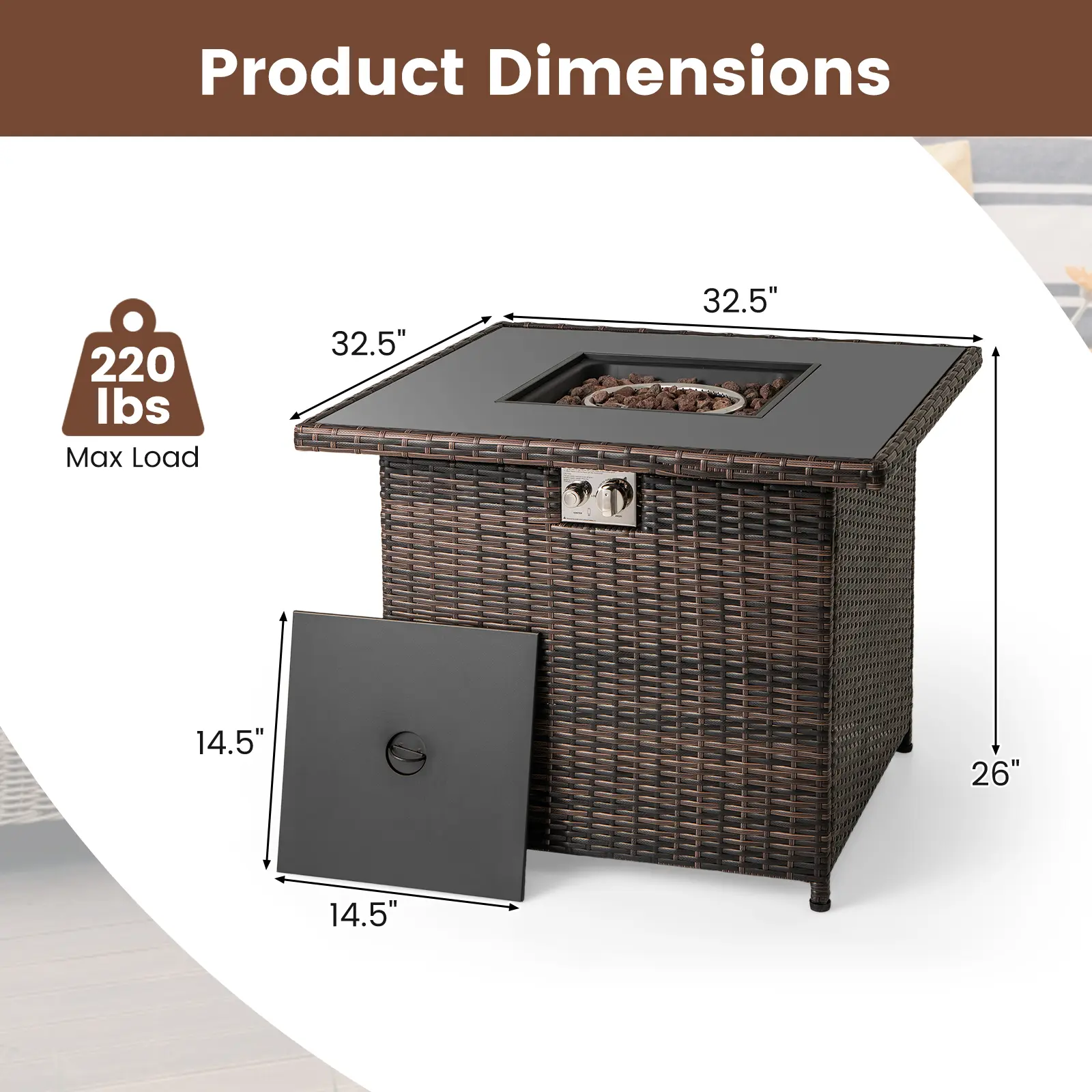 COSTWAY - 32.5 Inch Propane Fire Pit Table 5000 BTU with Tempered Glass Tabletop-Brown