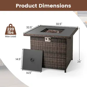 COSTWAY - 32.5 Inch Propane Fire Pit Table 5000 BTU with Tempered Glass Tabletop-Brown