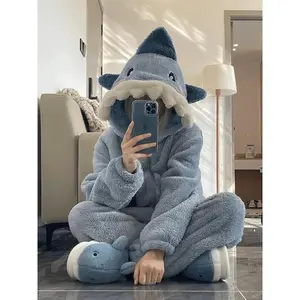 2025Cute Blue Shark Pajamas Long Sleeve Jumpsuit Animal Autumn Homewear Winter Sleepwear Cosplay Costume for Women and Men2025