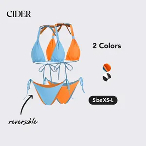Women's 2-Piece Bikini Set Reversible Sleeveless Halter Neck Bra and Low Waist Briefs Bathing Suit Double sided wearable bikini
