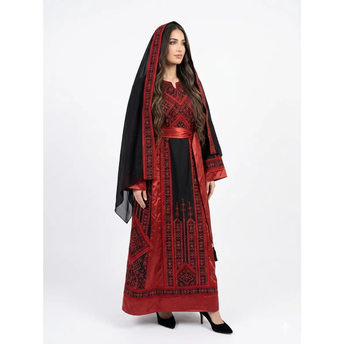 Black & Red Embroidered Thobe Dress with Tarha & Satin Belt
