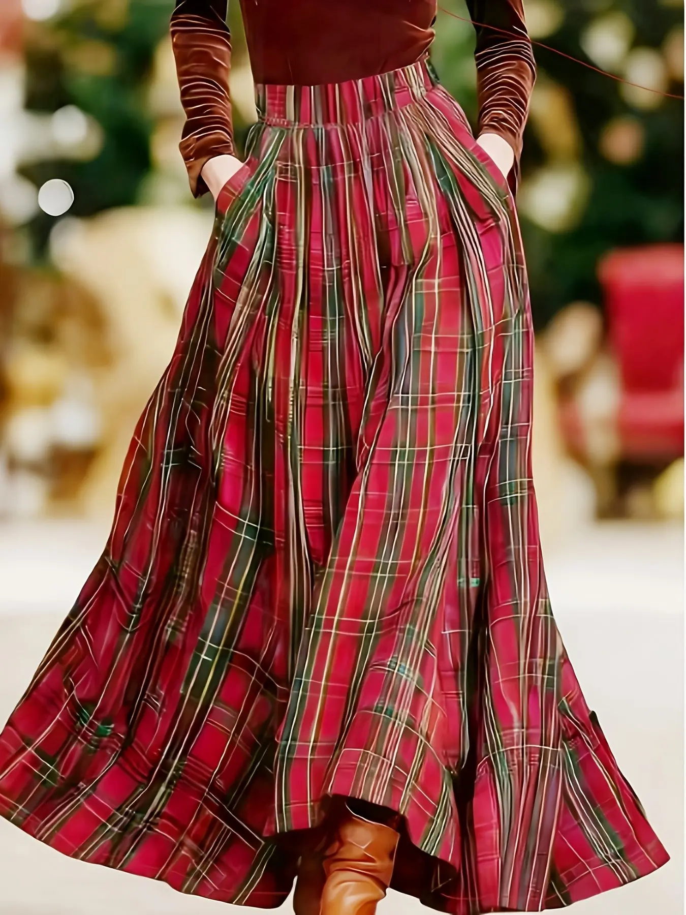 Women's Fashion Elegant Traditional Plaid A-Line Skirt, Loose-Fitting Long Maxi Skirt for All Seasons, Boho Casual Skirts, Casual Natural Waist Skirt for Spring and Summer, Flowy Casual Skirt, Loose Feeling Skirt, Womenswear