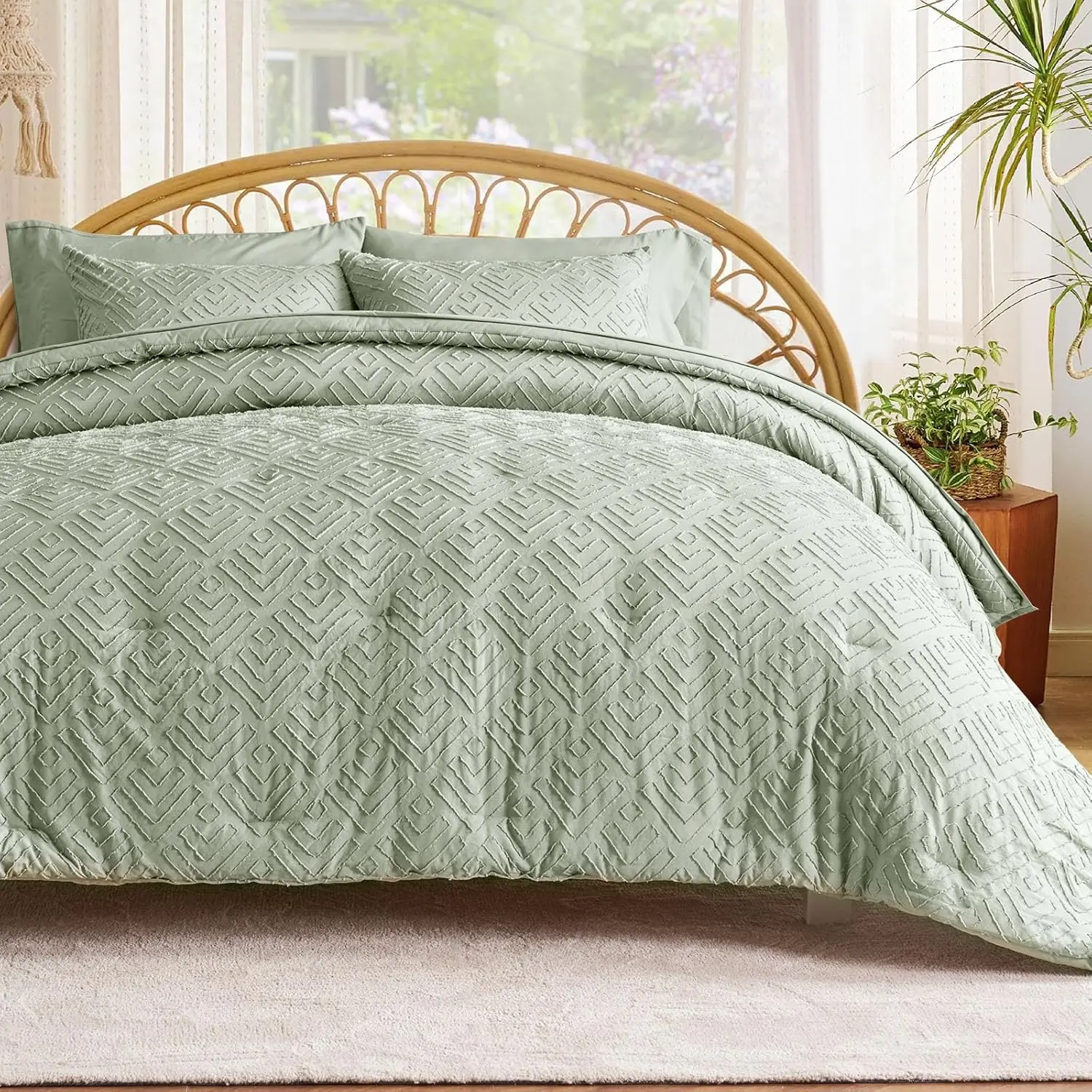 Boho Comforter King Size 7, Tufted Comforter with, Embroidery, Microfiber Complete, Sage Green, 90"x104"