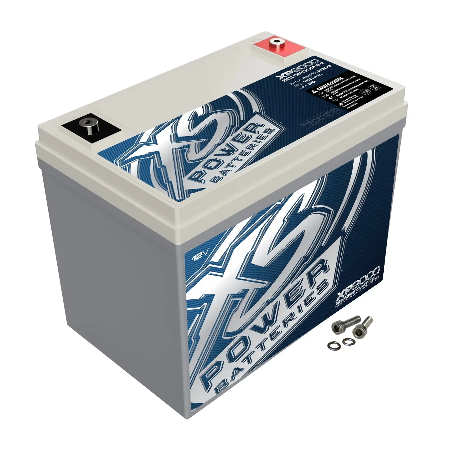 XS Power XP2000 12V BCI Group 24 AGM Aftermarket Car Secondary Battery - 2000 Secondary W, 80 AH, Sealed Safe, Power Boost, Included Parts, M6 Terminal Hardware, for Cars