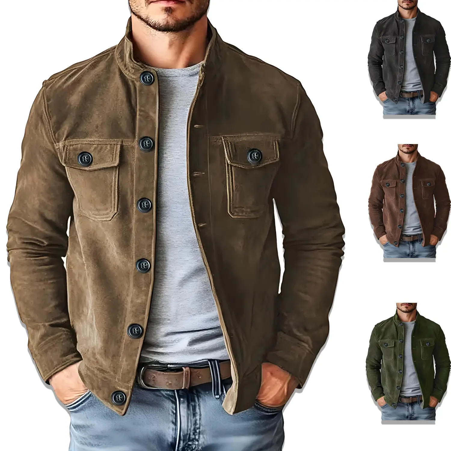 Mens Faux Suede Stand Collar Button Pocket Jacket Casual Mens Clothing Outerwear For Daily Commute Home Outdoor Dating Travel Spring Autumn Everyday Male Casual Fashion Outfit Classic Coats