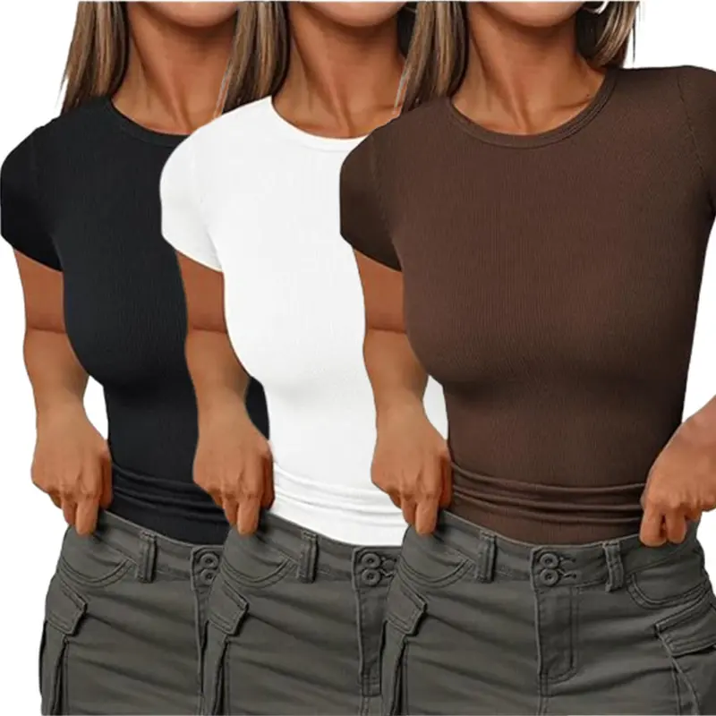 Encolax 3Pack Women's Crew Neck Ribbed Fitted Shirt Basic Short Sleeves Summer T Shirt Tops Essential Casual Outfits