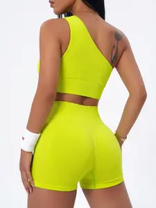 New high-elastic single shoulder top, high-waist belly-cinching shorts set