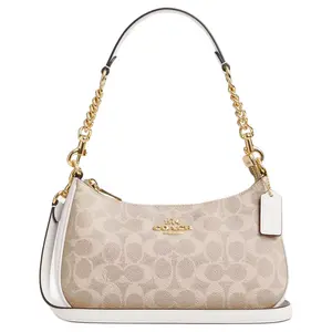 COACH Teri 24 Classic Monogram Logo Zipper Closure Coated Canvas Handbag for Women in Sand and Chalk White