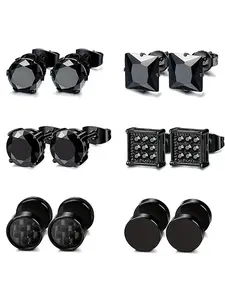 6 Pairs Stud Earrings Set for Men & Women, Unisex, Barbell Earrings, Stainless Steel, Round Cheater Plug, Faux Gauges, Ear Tunnel, Plain Style Earrings, Ear Studs