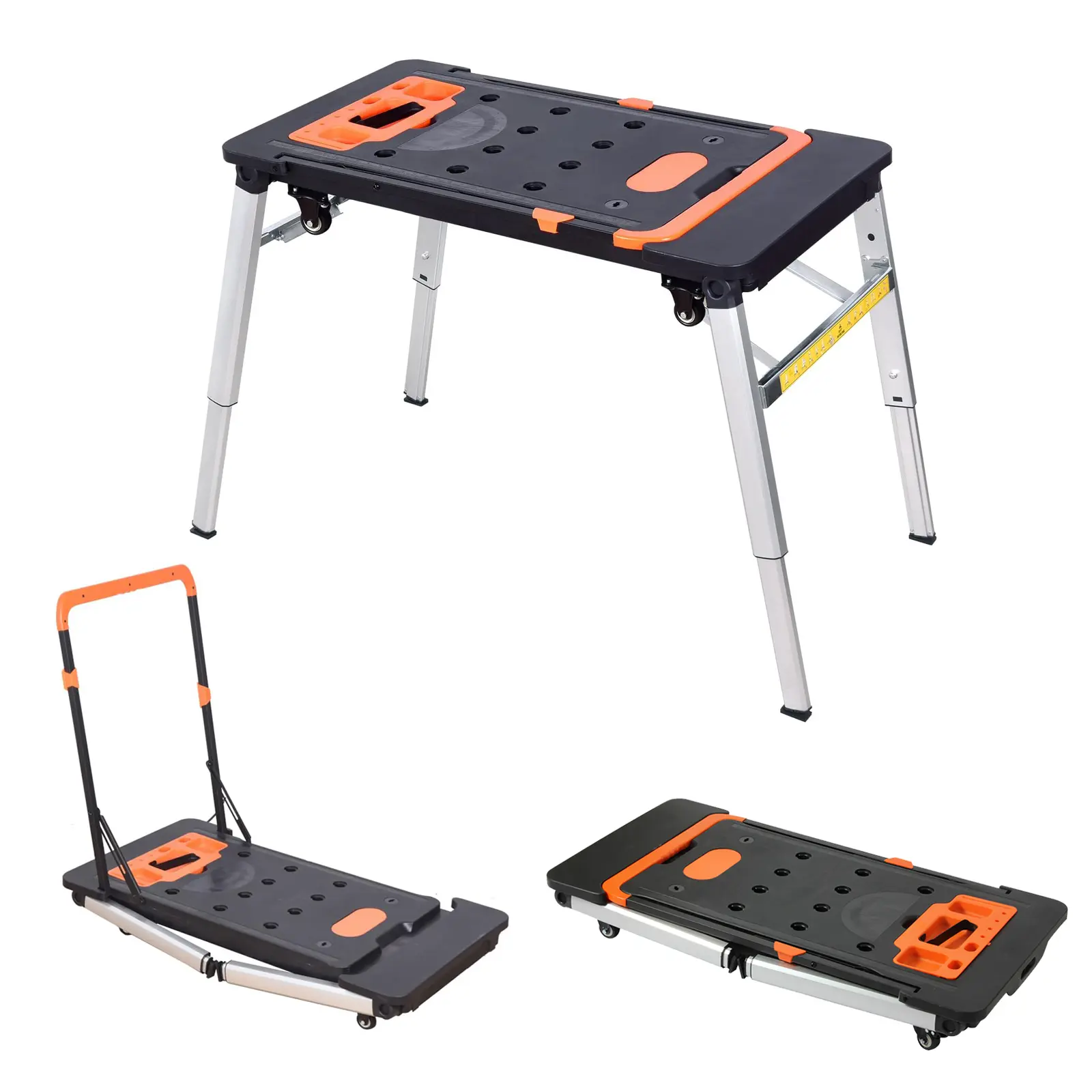 LEADALLWAY 7-in-1 Multi-Function Work Stool - Dolly, Scaffold, Workbench, Sawhorse, Hand Truck, Tool Storage, Non-Rechargeable Heavy-Duty Adjustable Stool for Garage, Home