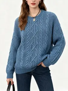 USEEN US 2026 New sweater for women Women's Oversized Chunky Cable Knitted Vintage blue Sweater