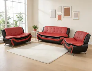 Faux Leather Sofa Set for Living Room, 3 Piece Living Room Furnituer, Modern Couch Set with 3-Seater Couch, Loveseat and Armchair (Red&Black, Chair+Sofa+Loveseat)