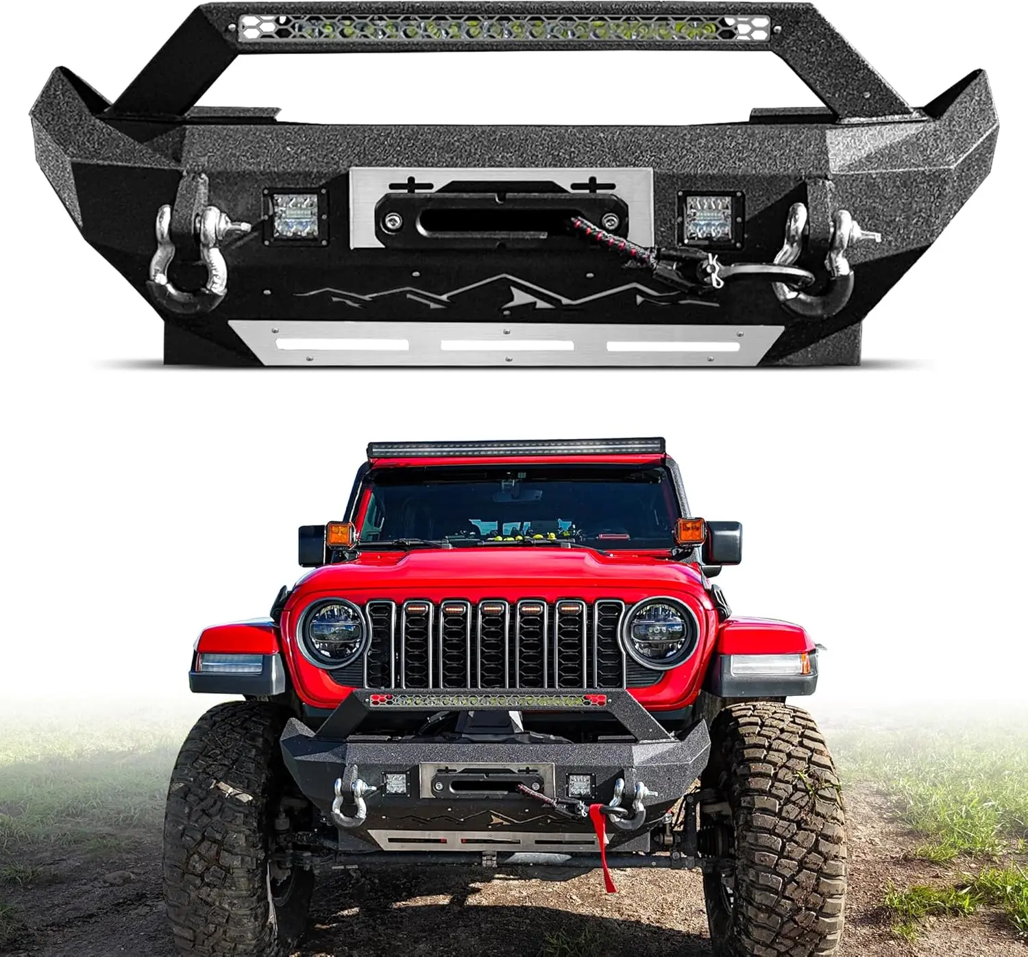 MONOKING Stubby Metal Front Bumper, Custom Fit for 2018-2026 Wrangler JL & Gladiator JT (JL/JT 2018-2026), Off-Road Automotive Exterior Accessory with Winch Mount, Stainless Steel Skid Plate, LED Light Bar, Fog Lights, Movable License Plate, For Jl/Jt 201