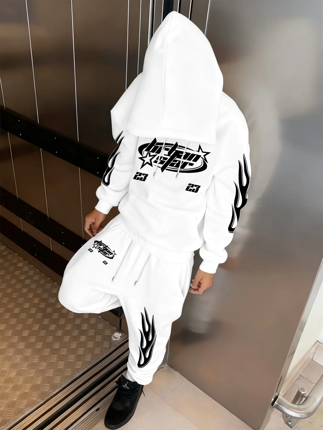 Men's Casual Hooded Sweatshirt and Drawstring Pants Set, Letter Print Flame Design, Long Sleeve Comfortable Fashion, Street Style