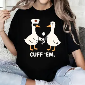[100% cotton]Black T Shirt With Duck Nurse And Doctor Cartoon Print Cuff Em Nurse Shirt, Goose Nurse Unisex Tee, ER Nurse T-Shirt, Silly RN Nurse Shirt, Nurse Practitioner Tee Nurse Appreciation