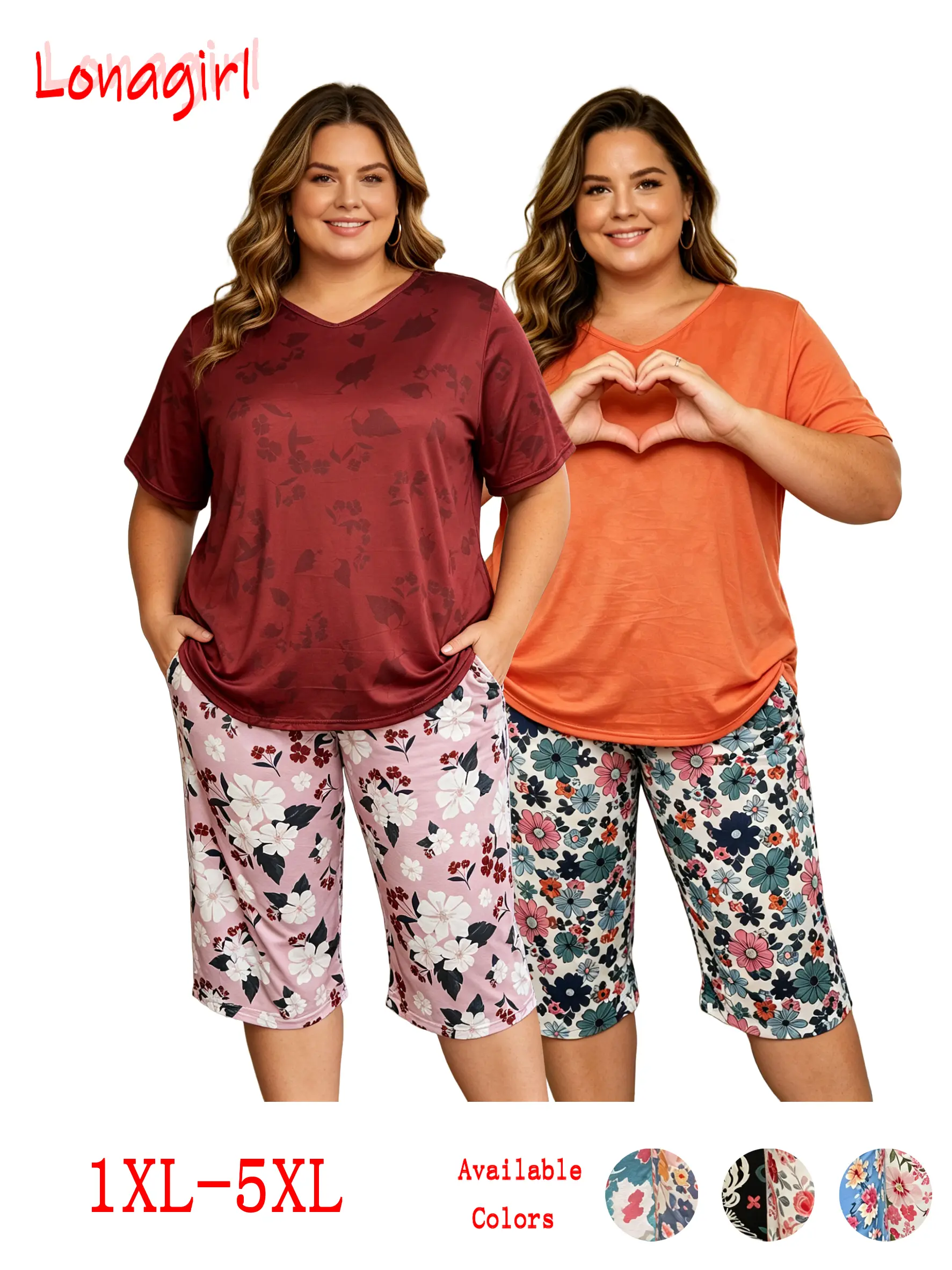 LONAGIRL Pajama Sets for Women Plus Size, 2 Pack Cute Comfy Loungewear, Lightweight Loose Fit Short Sleeve Top & Floral Capri Pants with Pockets, Lady Curvy Outfits, Fabric, V Neck, Elastic Waist Ease