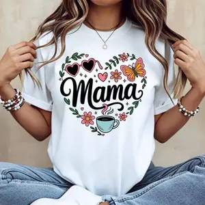 Cotton Heart Flower Butterfly And Coffee Mama Print T-Shirt, White Crew Neck Casual Top, Soft Comfortable Graphic Tee for Women, Mother Day Gift, Everyday OOTD Outfit, Cute Casual Shirt, All Sizes S-3XL